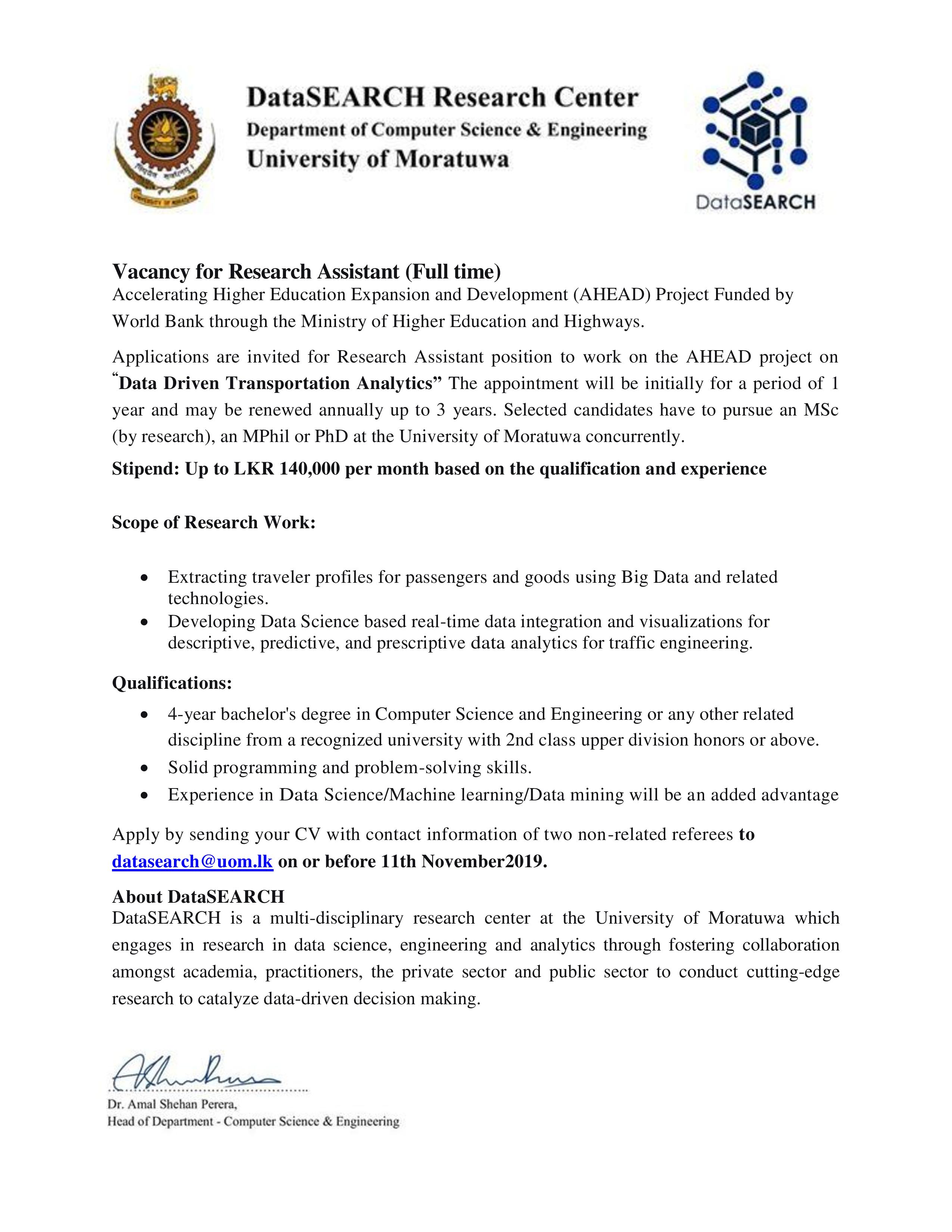 research assistant vacancies in south africa